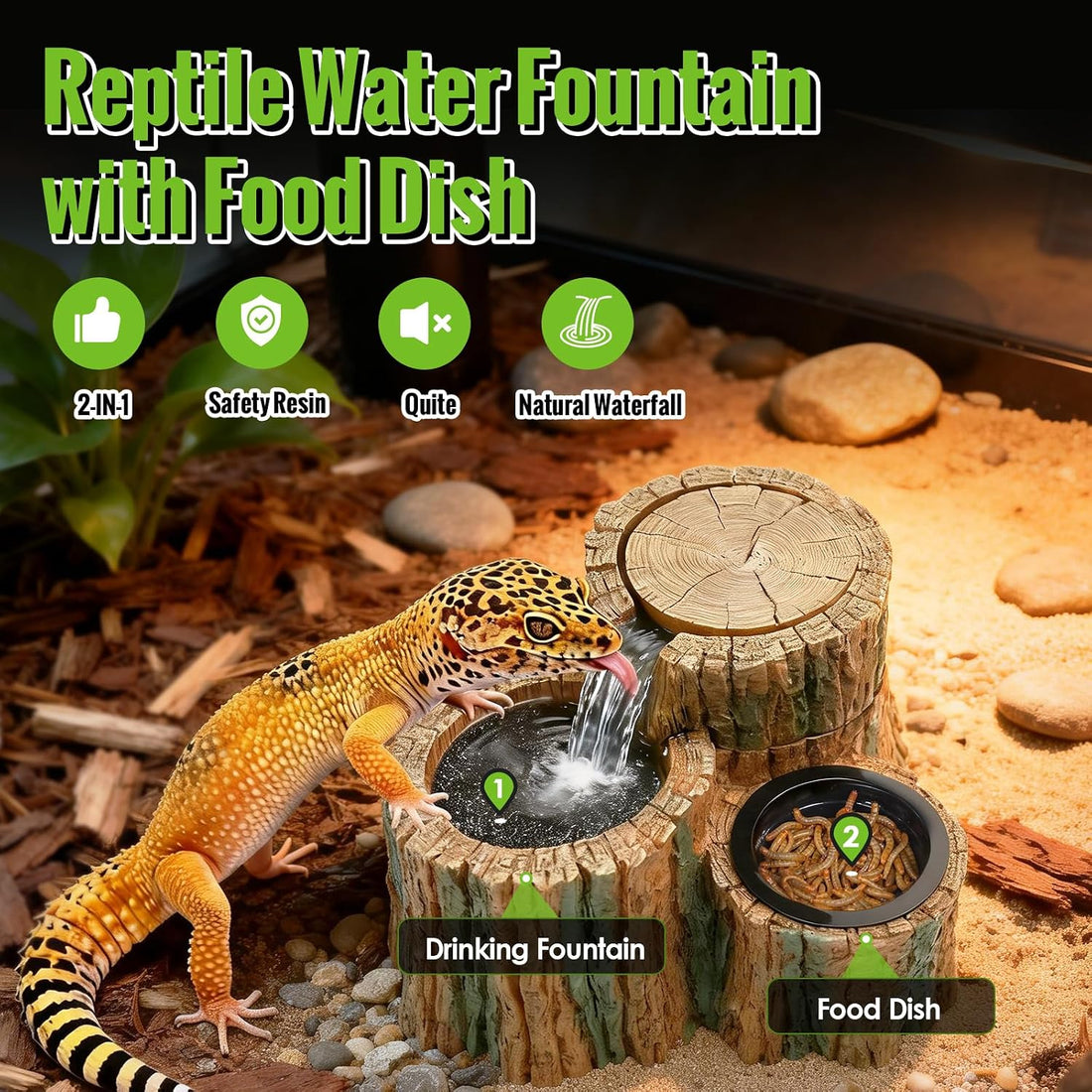 MIXJOY 2 in 1 Reptile Water Fountain with Food Dish 550ML