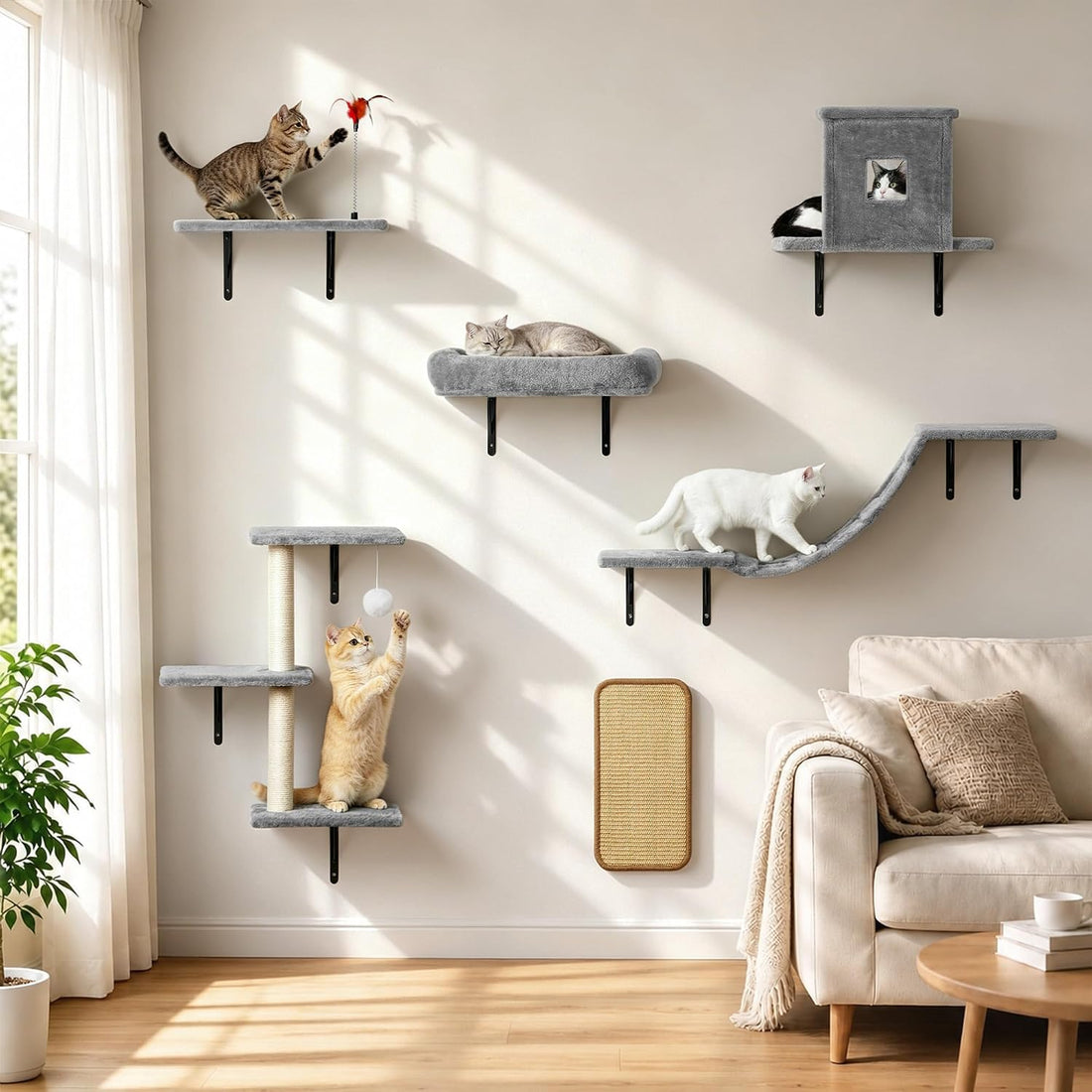 Cat Wall Shelves, 6-in-1 Cat Wall Furniture Set