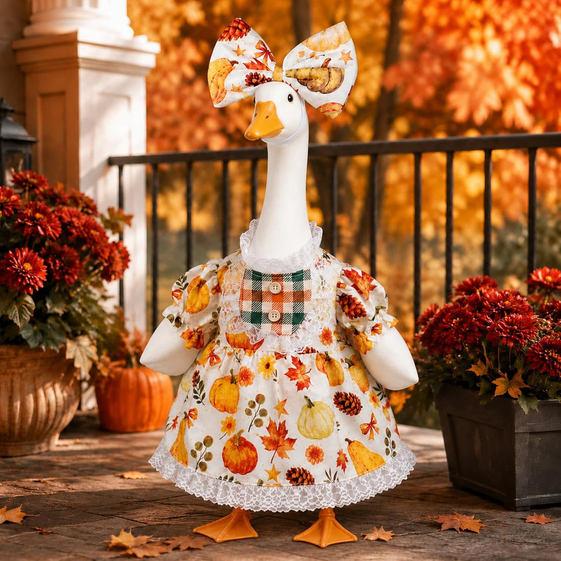 hoyuwak Fall Porch Goose Outfit Autumn Maple Leaf Goose Dress with Bow