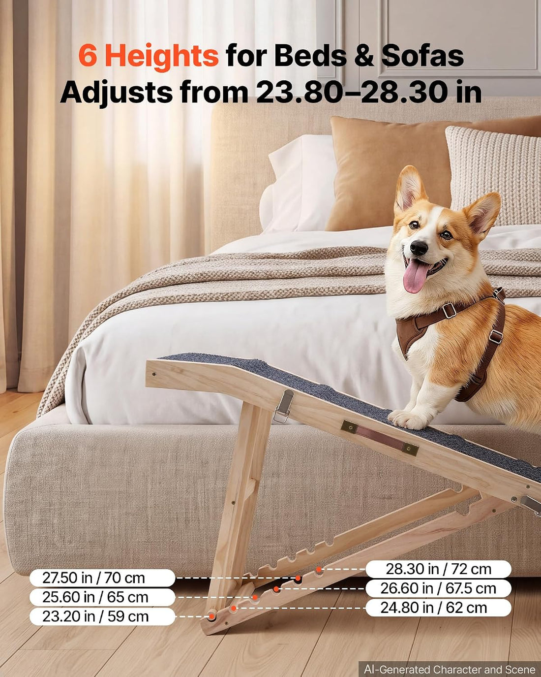 VEVOR Dog Ramp for Bed 23.2"-28.3" 6 Adjustable Height Foldable Pet
