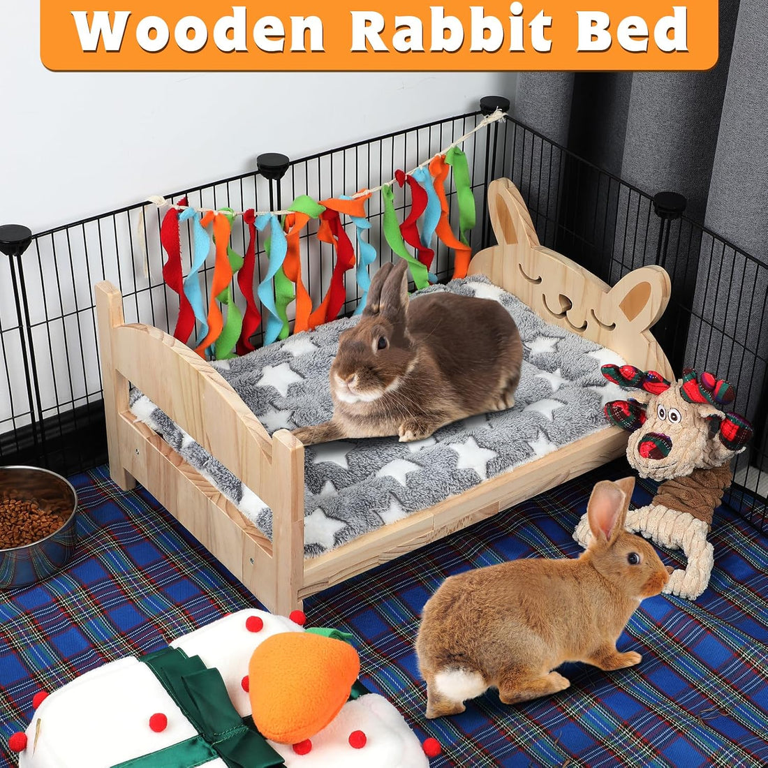 BWOGUE Large Wooden Rabbit Bed, Bunny Bed with Removable Cushion