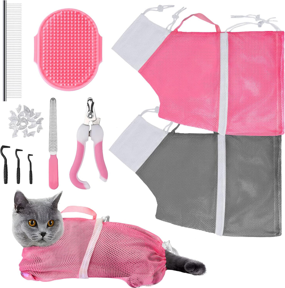 JULMELON 10 PCS Cat Washing Bag for Bath Shower Adjustable Net