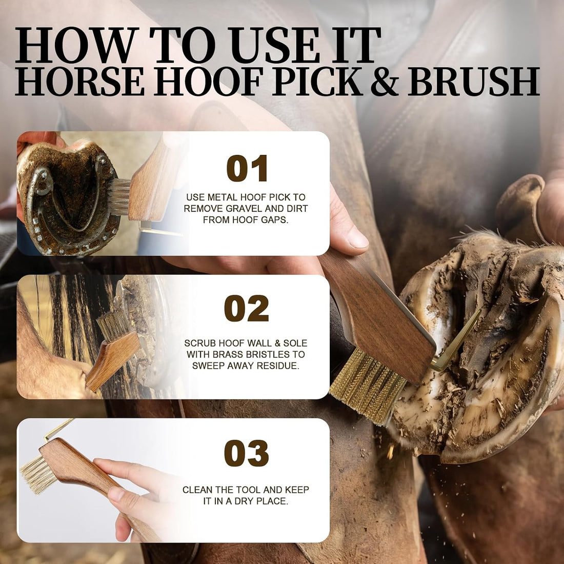 MAXIMILIAN 2-in-1 Solid Wood Horse Hoop Pick with Brush
