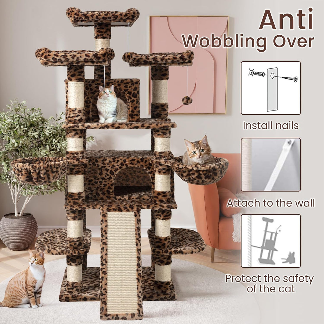 SHA CERLIN 68 Inches Multi-Level Large Cat Tree for Large Kitties/Big