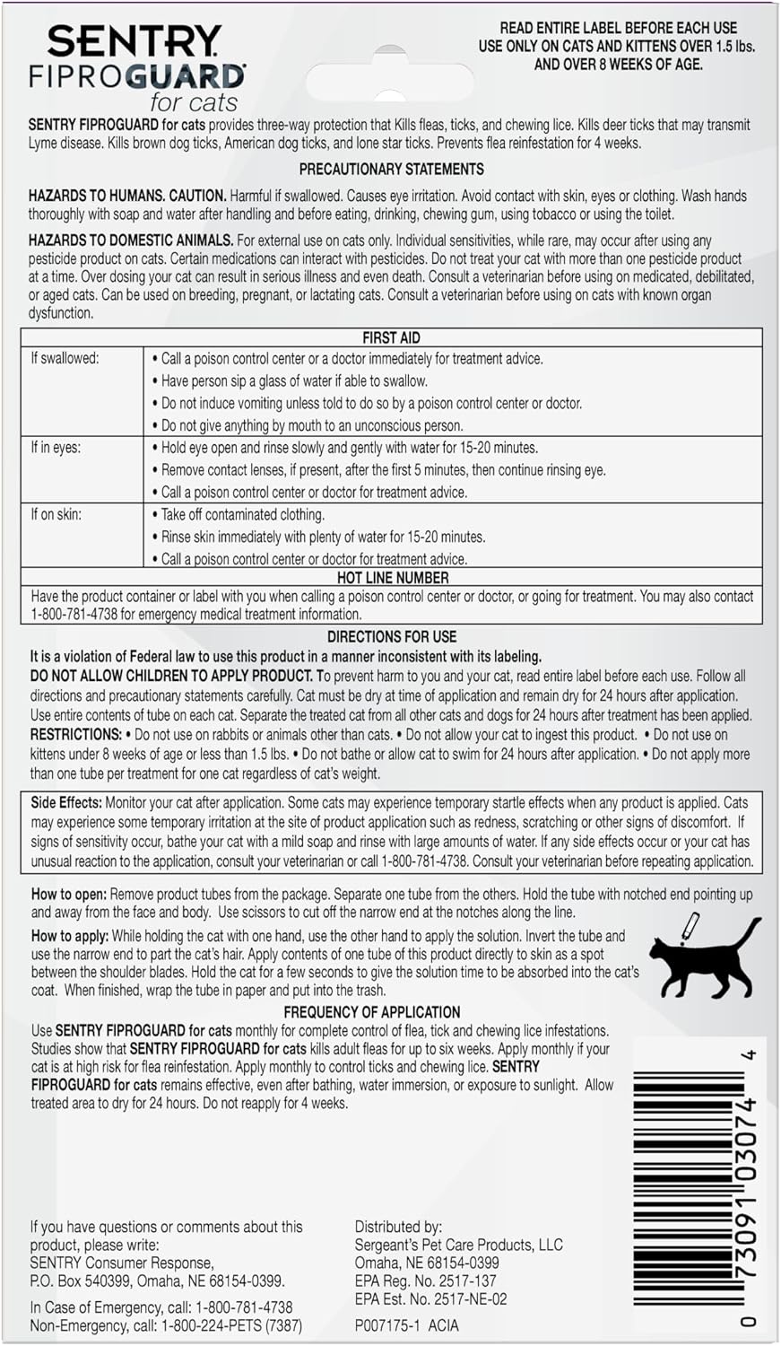 Sentry Fiproguard Flea & Tick Prevention for Cats