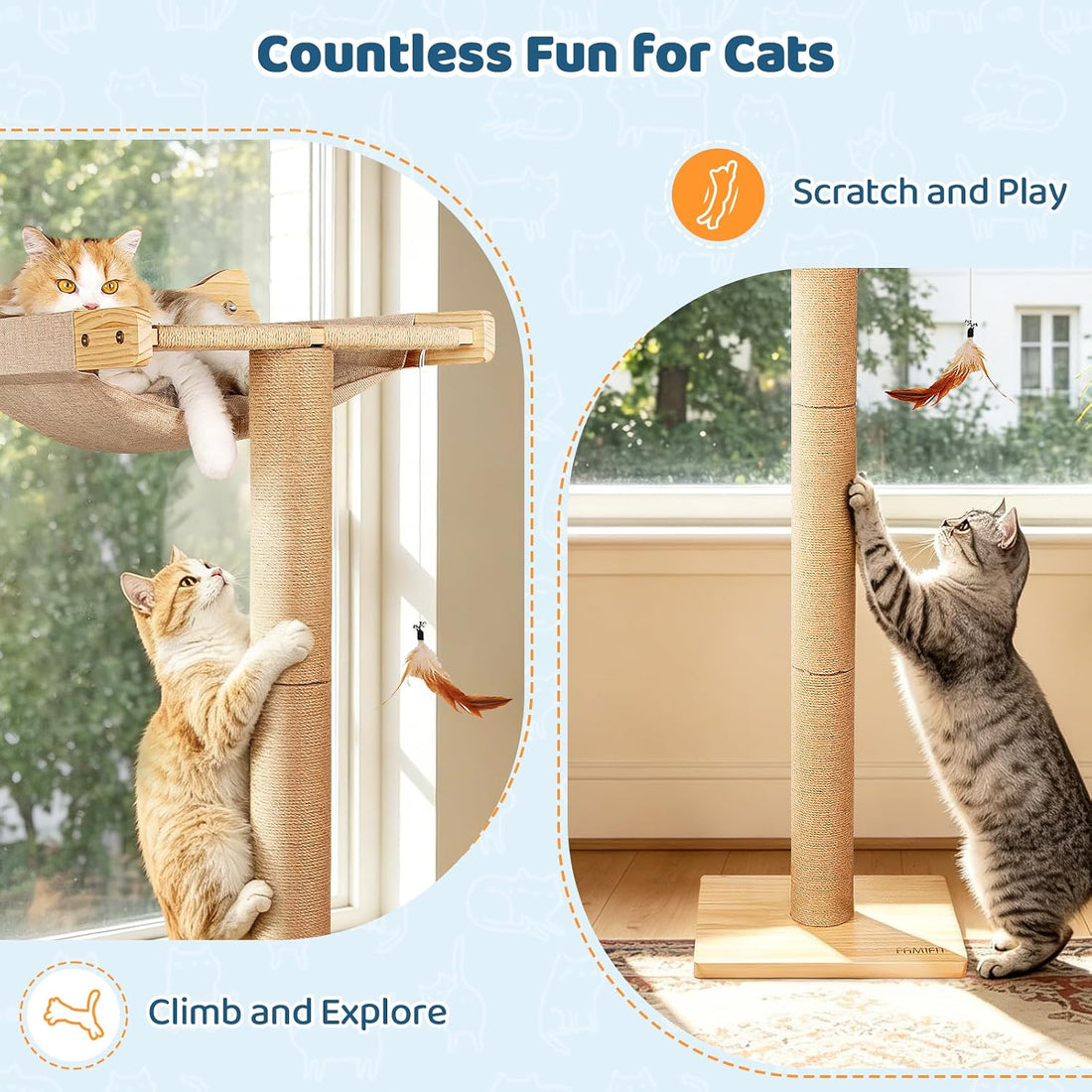 Cat Window Perch Hammock with 3-Piece Detachable Sisal Scratching