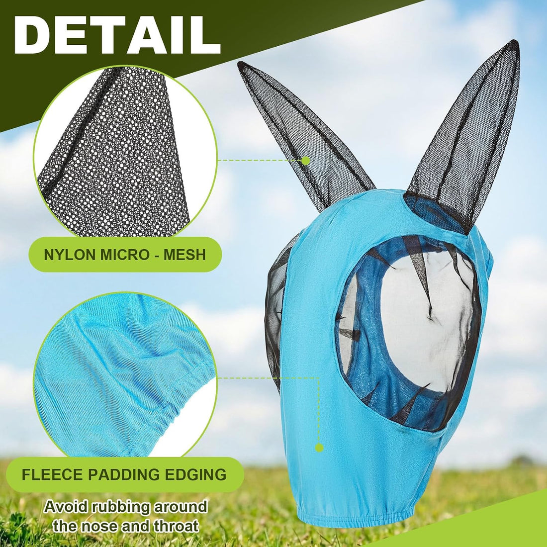 Donkey Fly Mask, Breathable Mesh Eye Covers, Blue, Small, 1 Pcs