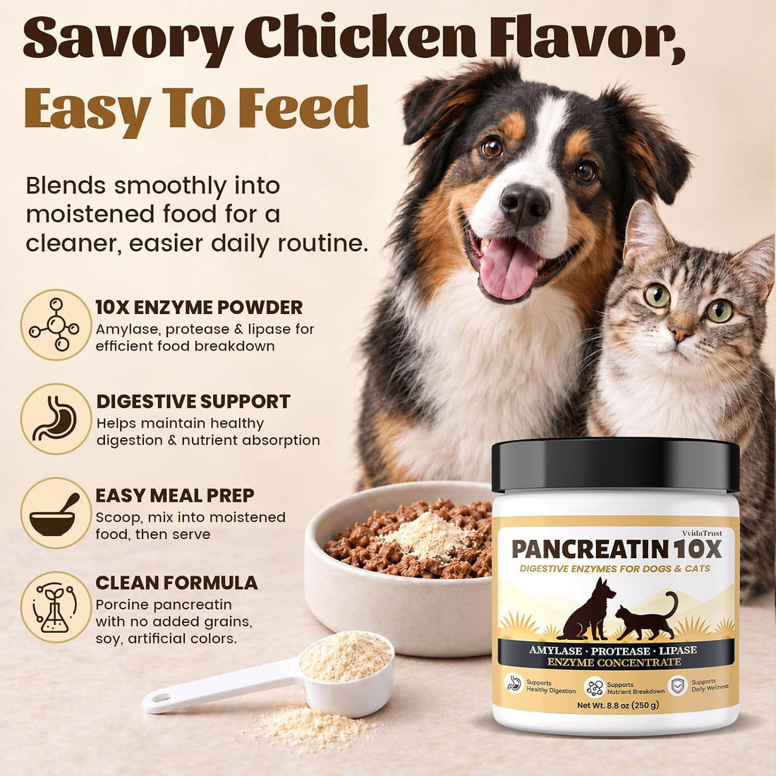 10X Digestive Enzymes for Dogs & Cats, Pancreatic Enzymes Powder