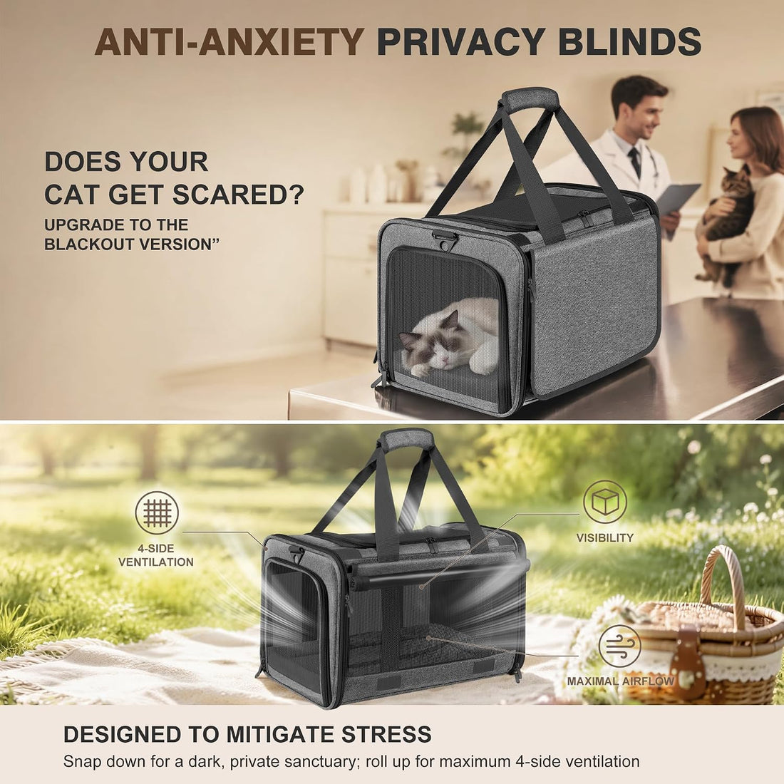 Soft Sided Cat Carrier for Anxious Pets with Privacy Roller Blinds
