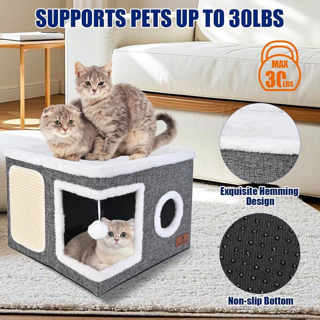 Cat Beds for Indoor Cats, Large Cat Cave Bed with Scratch Pad