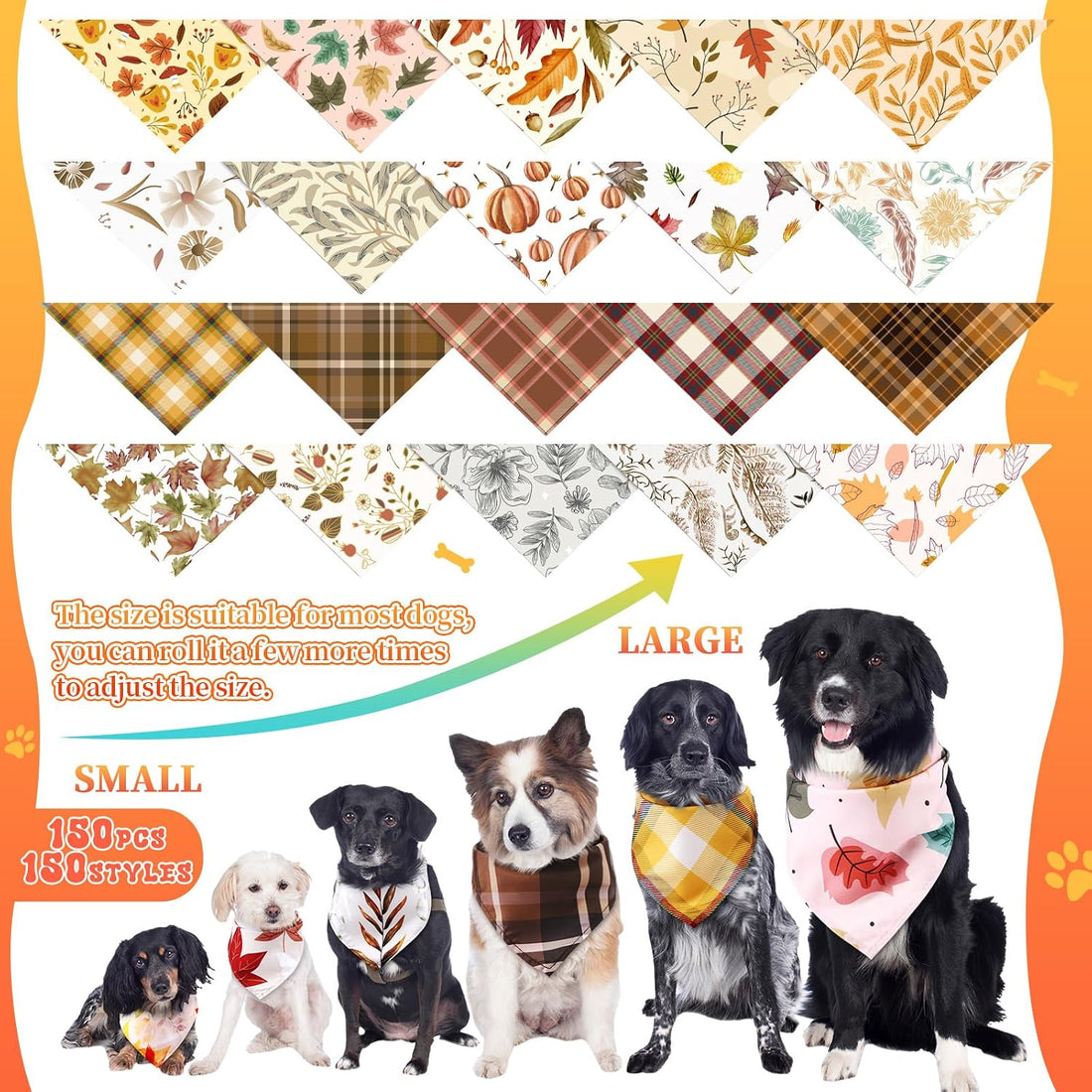 Huhumy 100 Pcs Fall Dog Bandanas Bulk Autumn Bandana for Medium Large