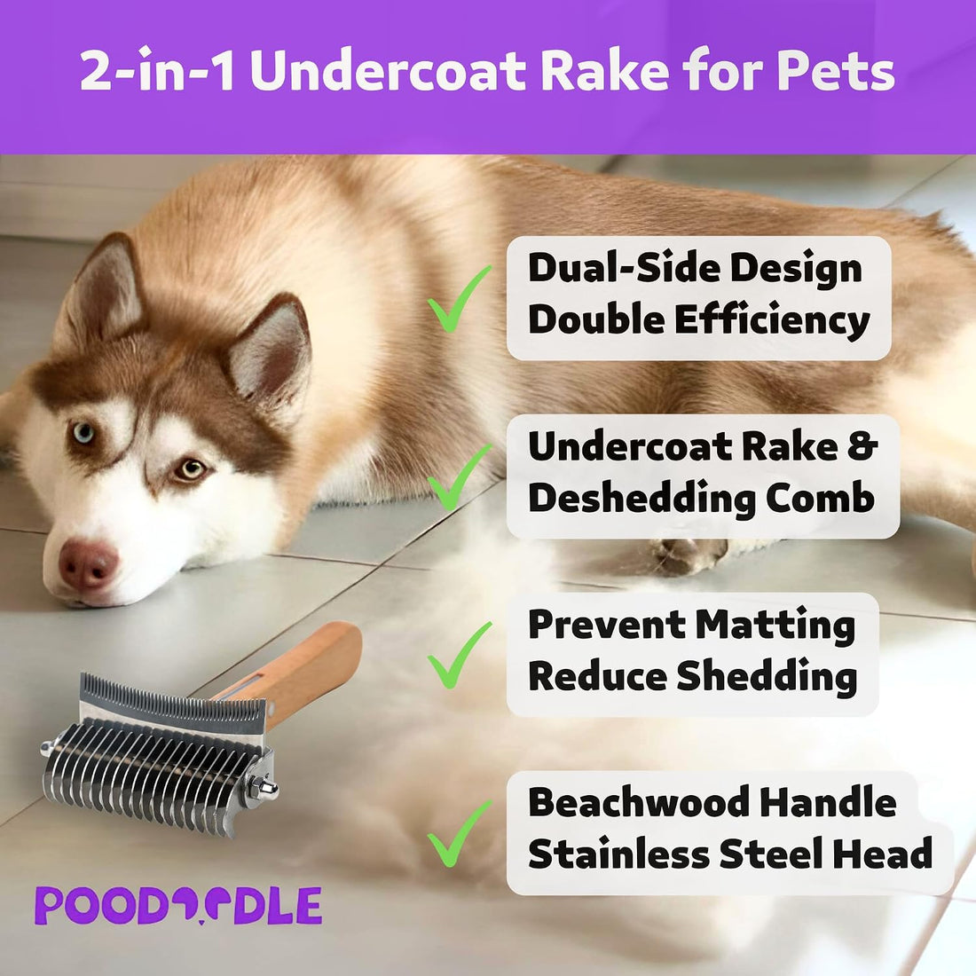 Poodoodle 2 in 1 Undercoat Rake for Dogs and Cats