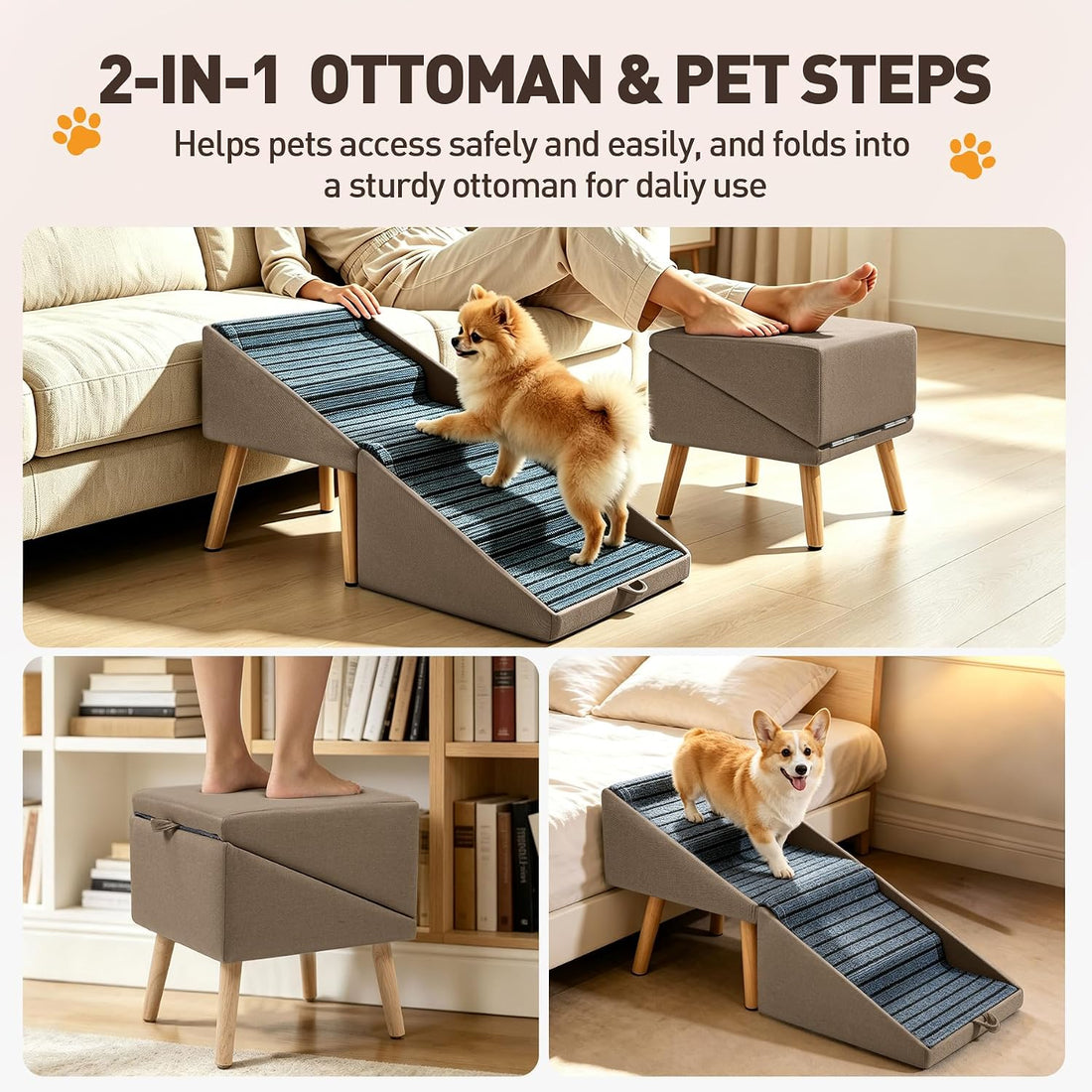 Step Stool Dog Ramp, Foldable 2-in-1 Ottoman Pet Stairs for Couch