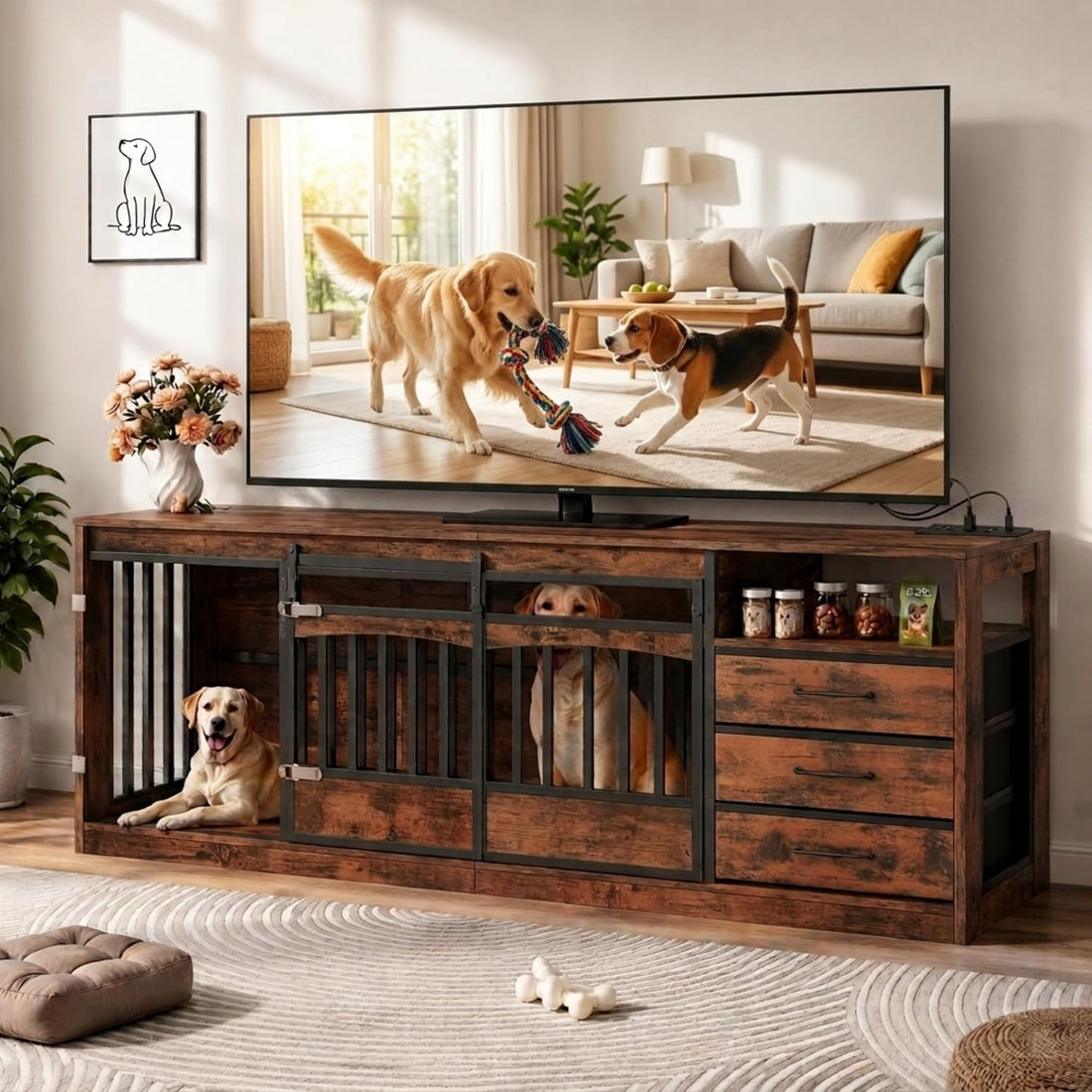 68.9" Double Dog Crate Furniture, Dog Crate for 2 Dogs Brown