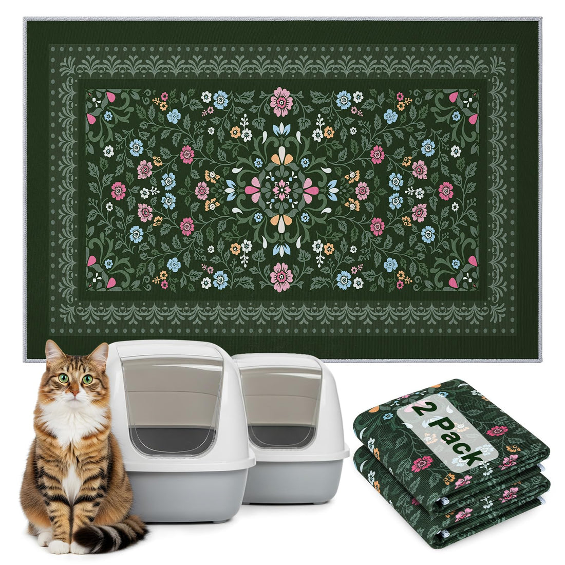 Bienbee Cat Litter Mat, 2 Pack 33" x 22" Machine Washable for Litter