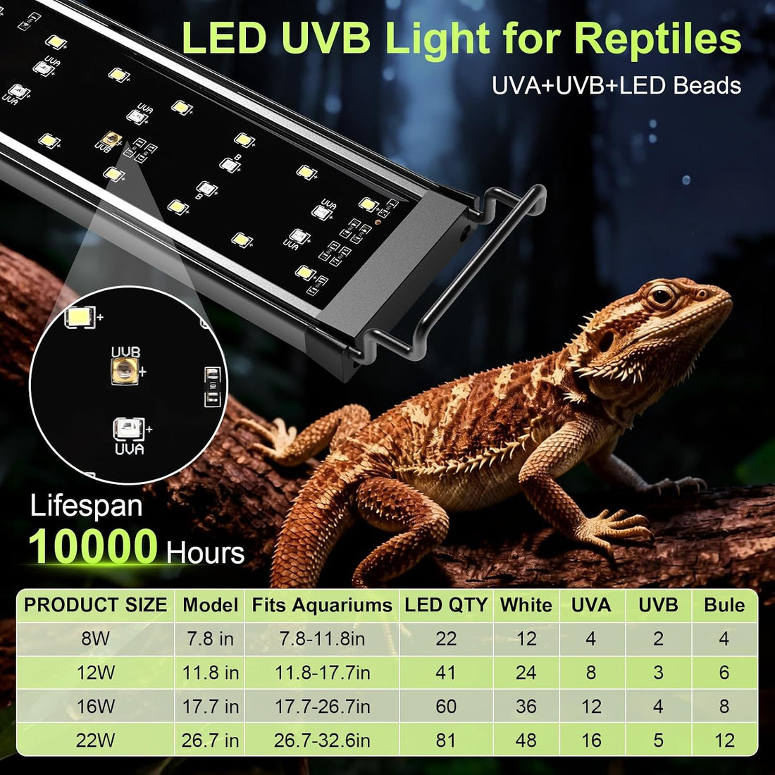 12W LED UVB Light for Reptiles Terrarium Light Extendable Reptile