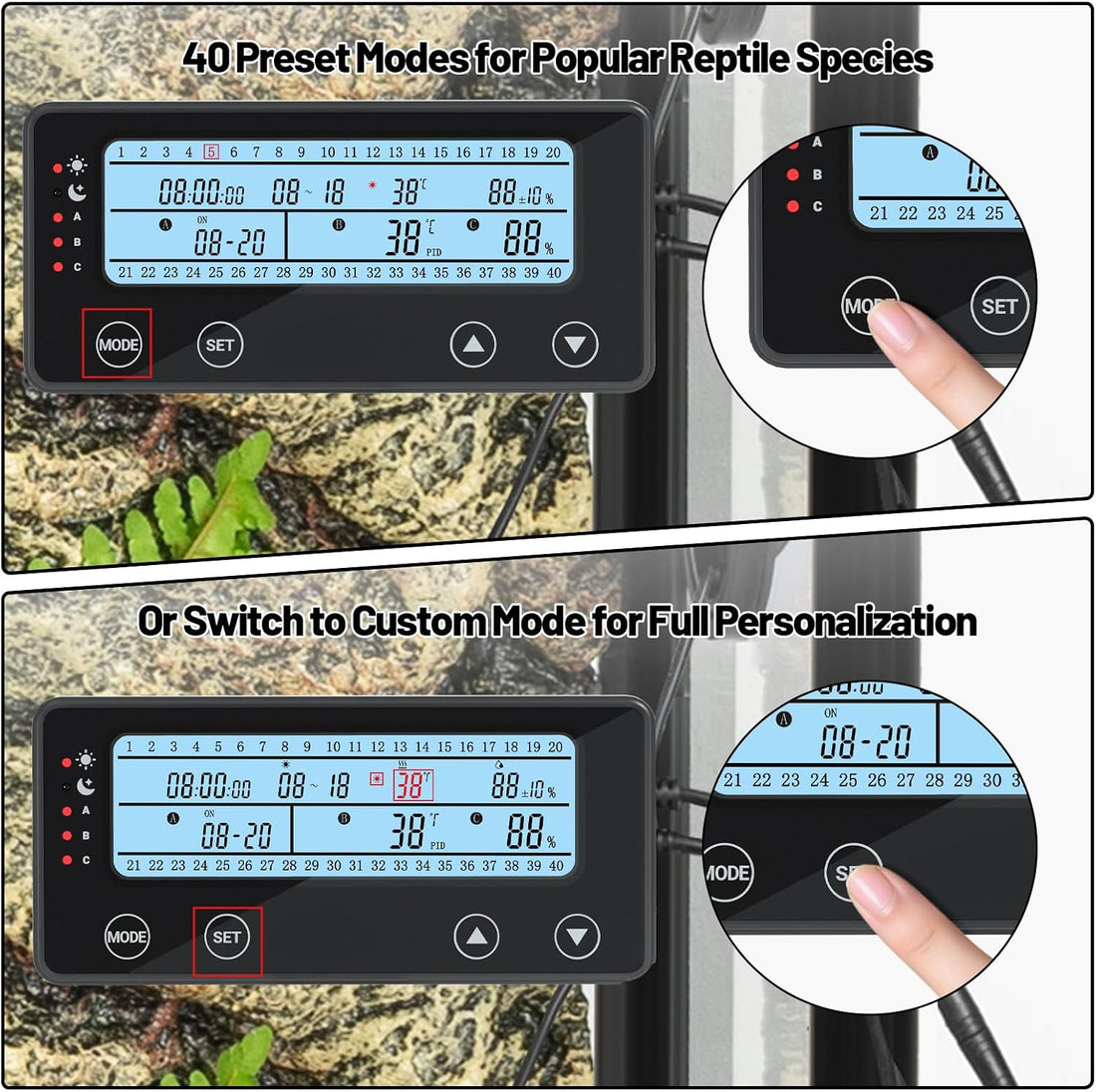 3-Channel Reptile Thermostat & Hygrostat with 40 Preset Modes