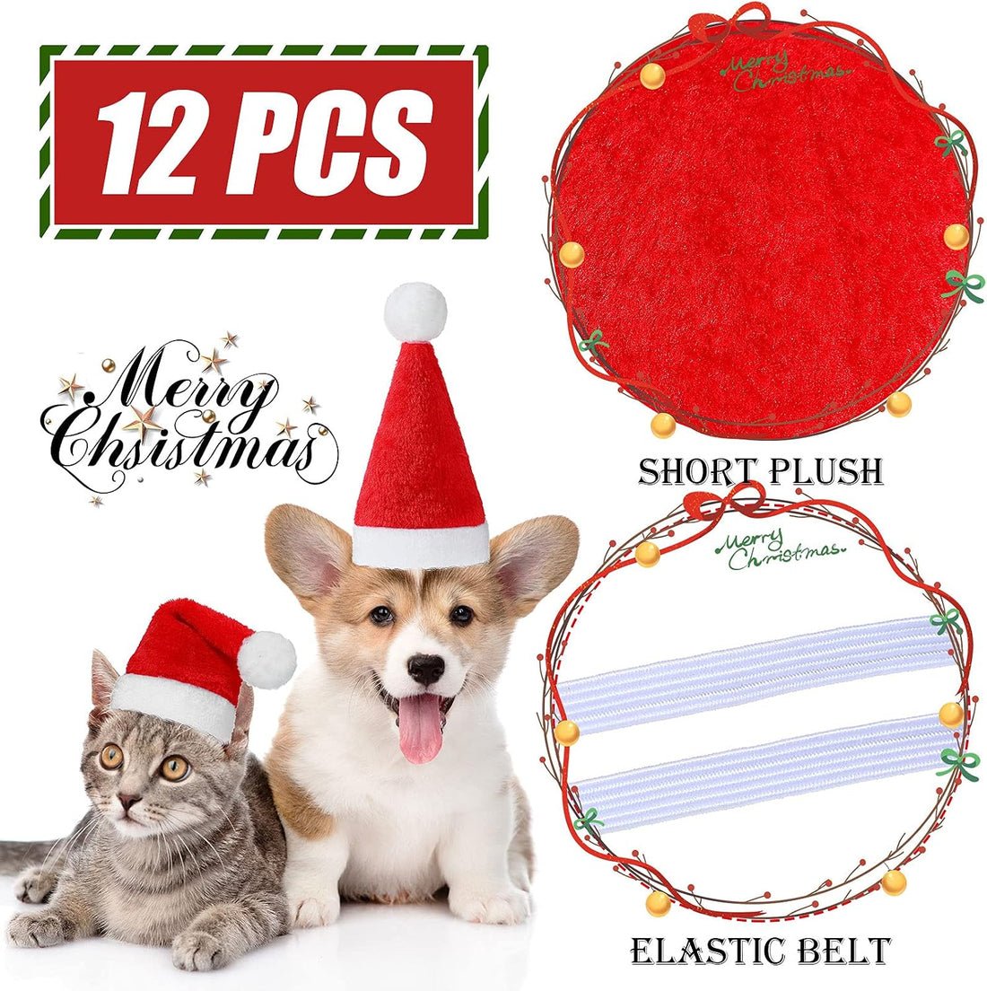 Frienda 12 Pcs Christmas Dog Santa Hat Soft Plush Pet Cat,Solid