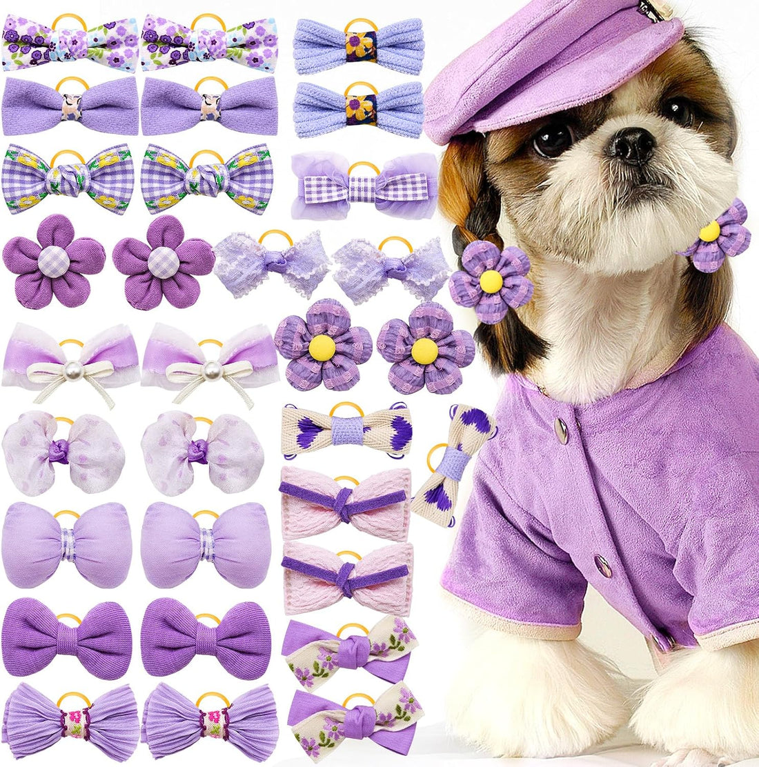 20Pcs Brown Dog Hair Bows with Rubber Bands for Small Medium Dogs