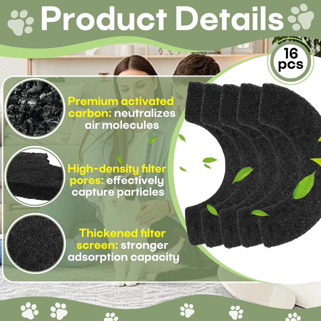 16Pcs Activated Charcoal Cat Litter Box Filters Replacement