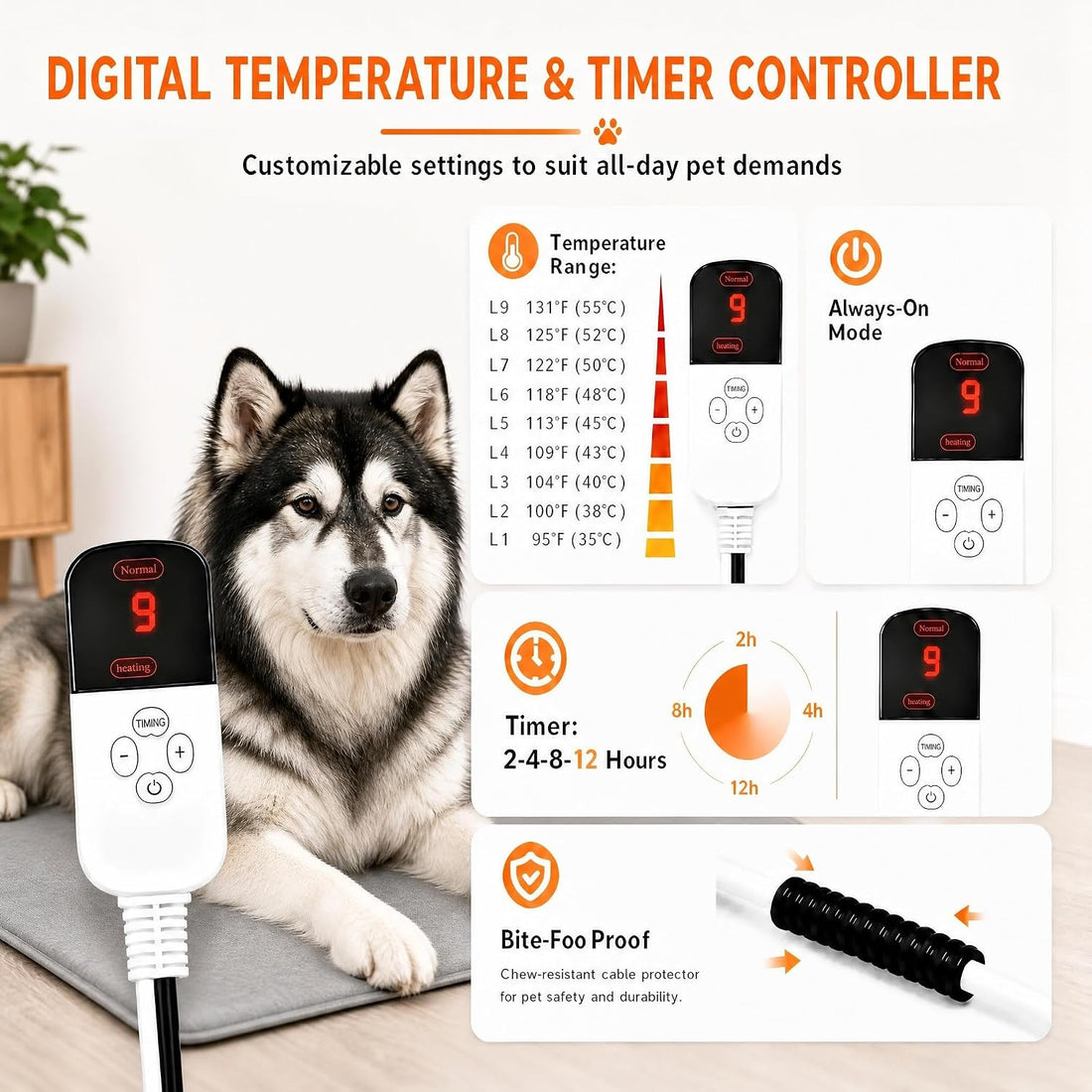 Dog & Cat Heated Bed, 9 Temp Setting & 4 Timer Dog Heating Pad