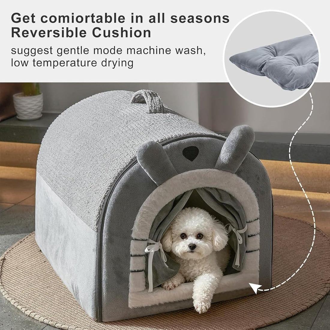 Jiupety Small Dog House Indoor, Cat House with Door Curtain Design