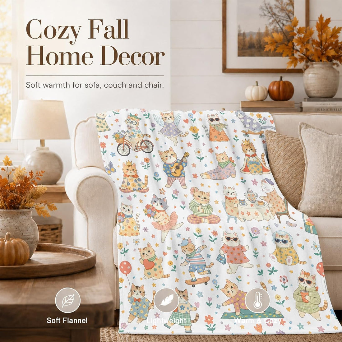 Fall Cute Sweater Cat Colorful Floral Throw Blanket 50 x 60 Inch