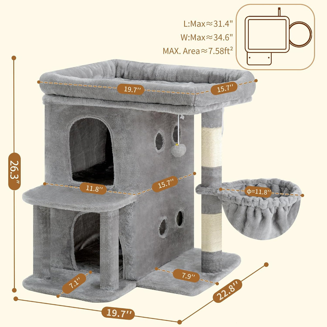 Heybly 26.3" Cat Tree for Large Cats with Big Perch & Dual Condos