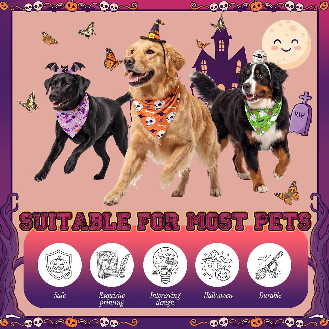 50 Pcs Halloween Dog Bandanas Bulk, Pumpkin Ghost Bat Skull Pattern