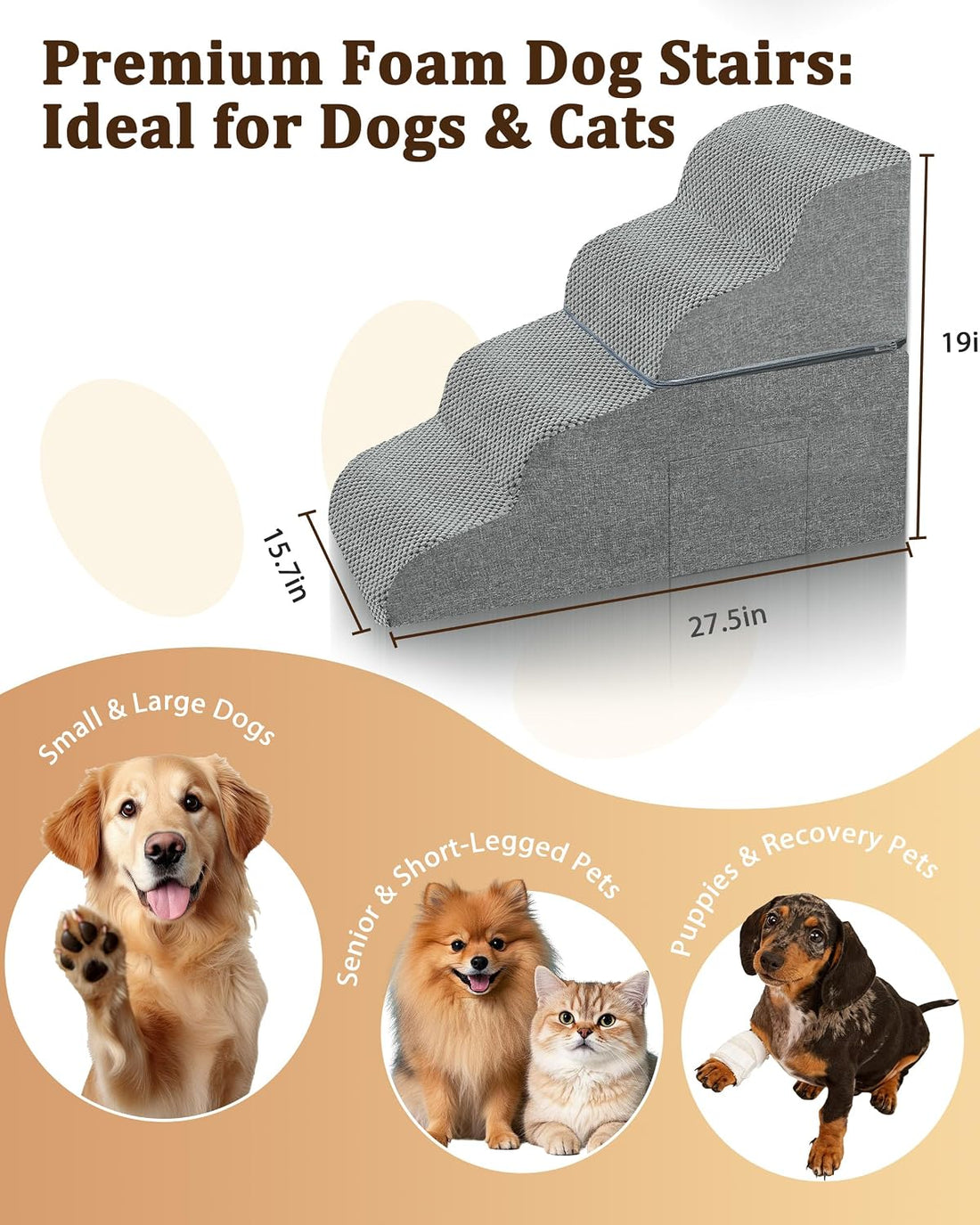 Dog Stairs for Bed,19" H 4 Step Pet Stairs for Small Dogs & Cats
