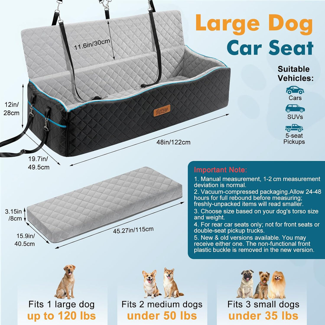 Tivray Large Dog Car Seat, Dog Car Bed for Large Dogs Under 120lbs