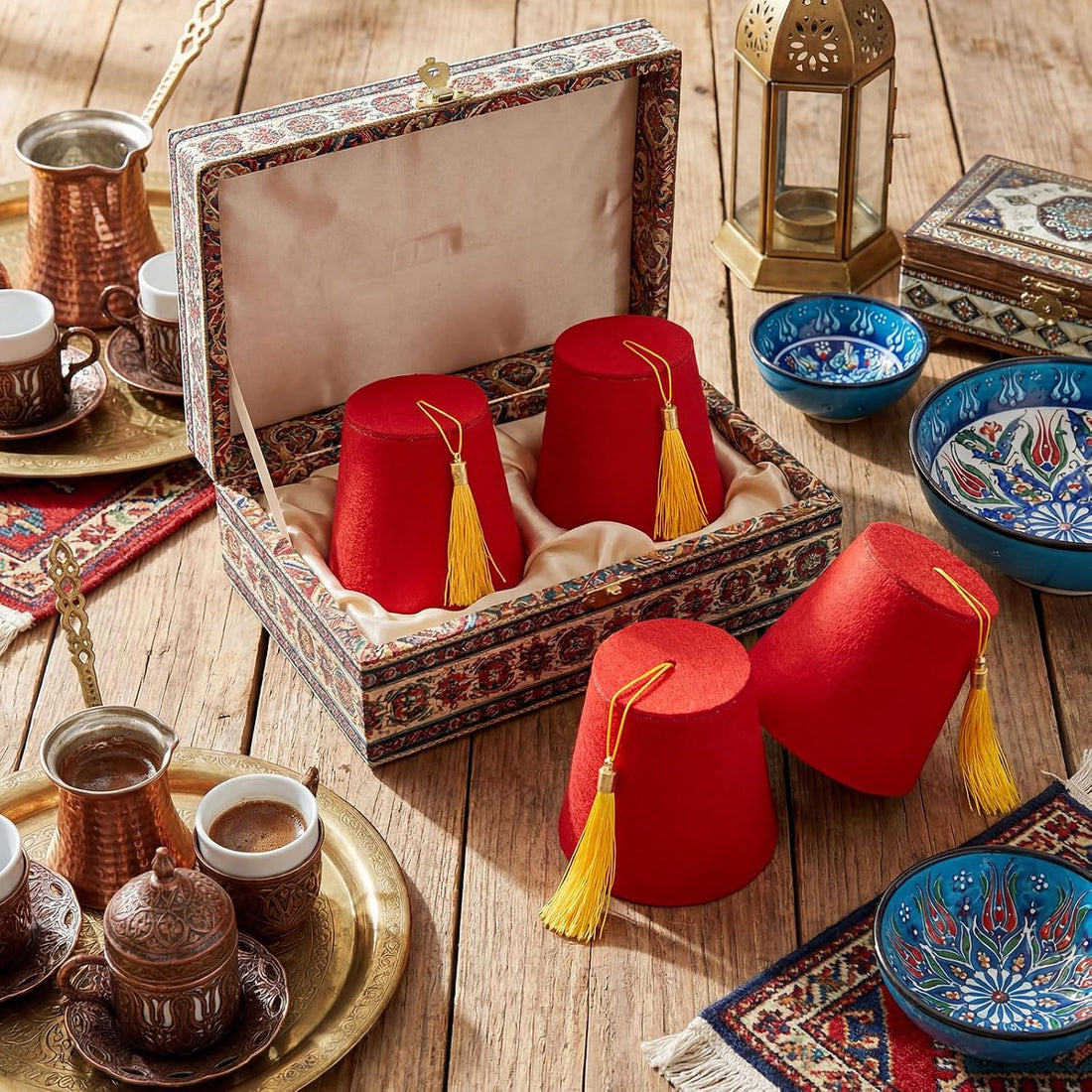 4 Pcs Fez Hat for Pet Red Turkish Style Hat with Golden Tassel