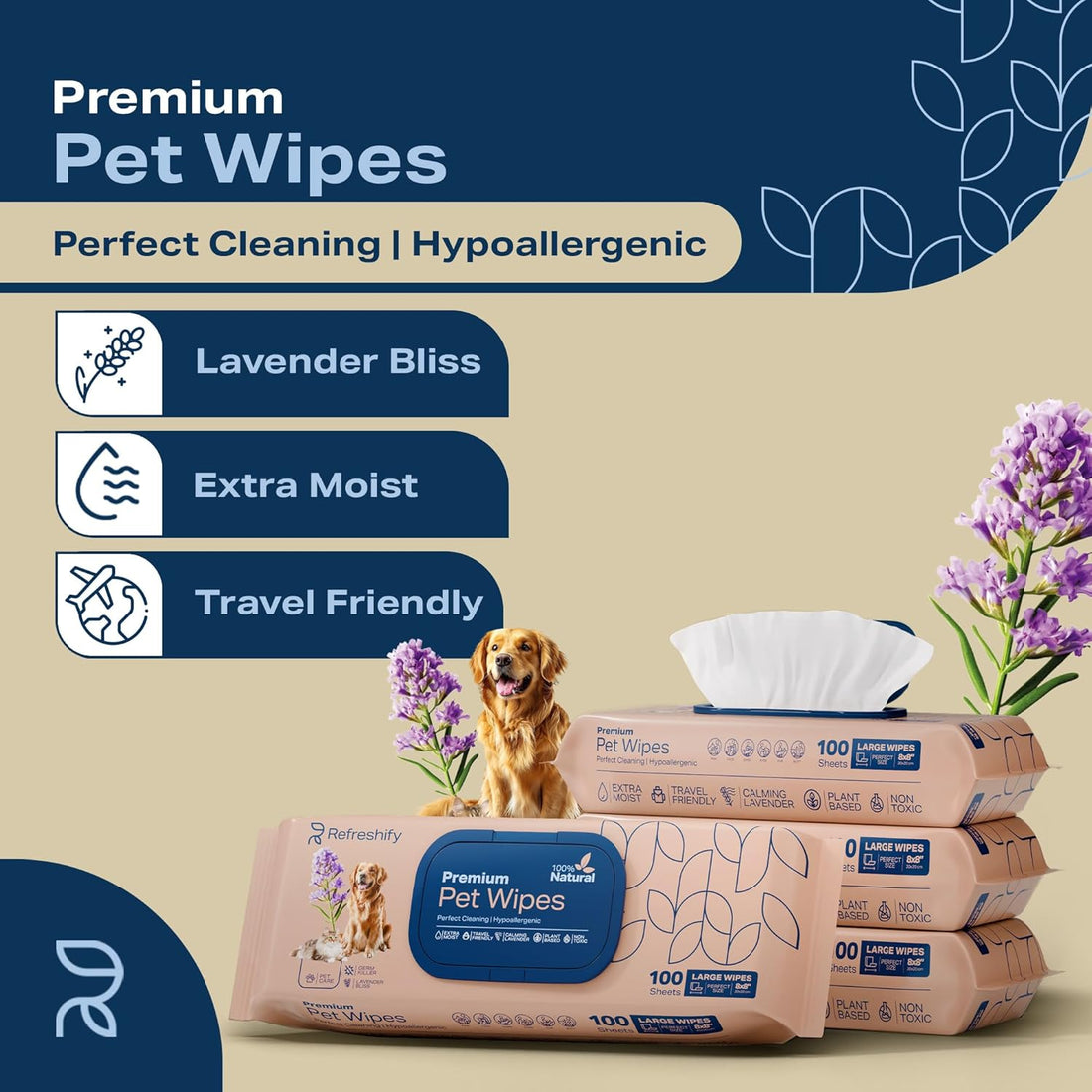 REFRESHIFY Dog Wipes for Paws and Butt - Plant Based Lavender Scented