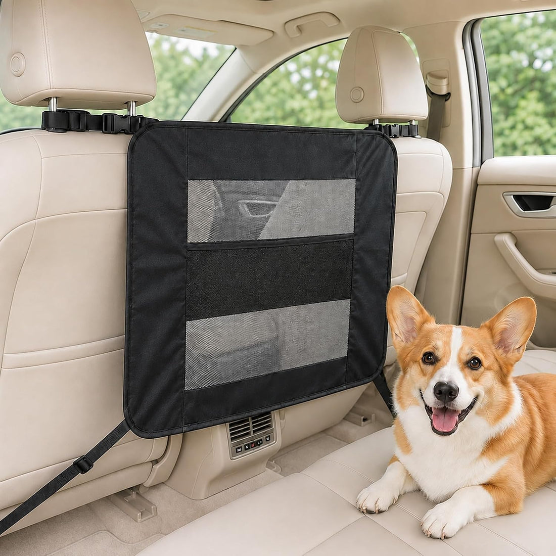 Car Dog Barrier with Hook and Loop Fastener Dual Zipper for Car SUV