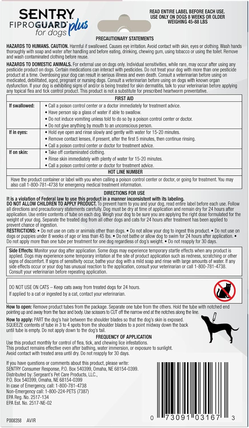 Sentry Fiproguard Plus for Dogs, Flea and Tick Prevention for Dogs