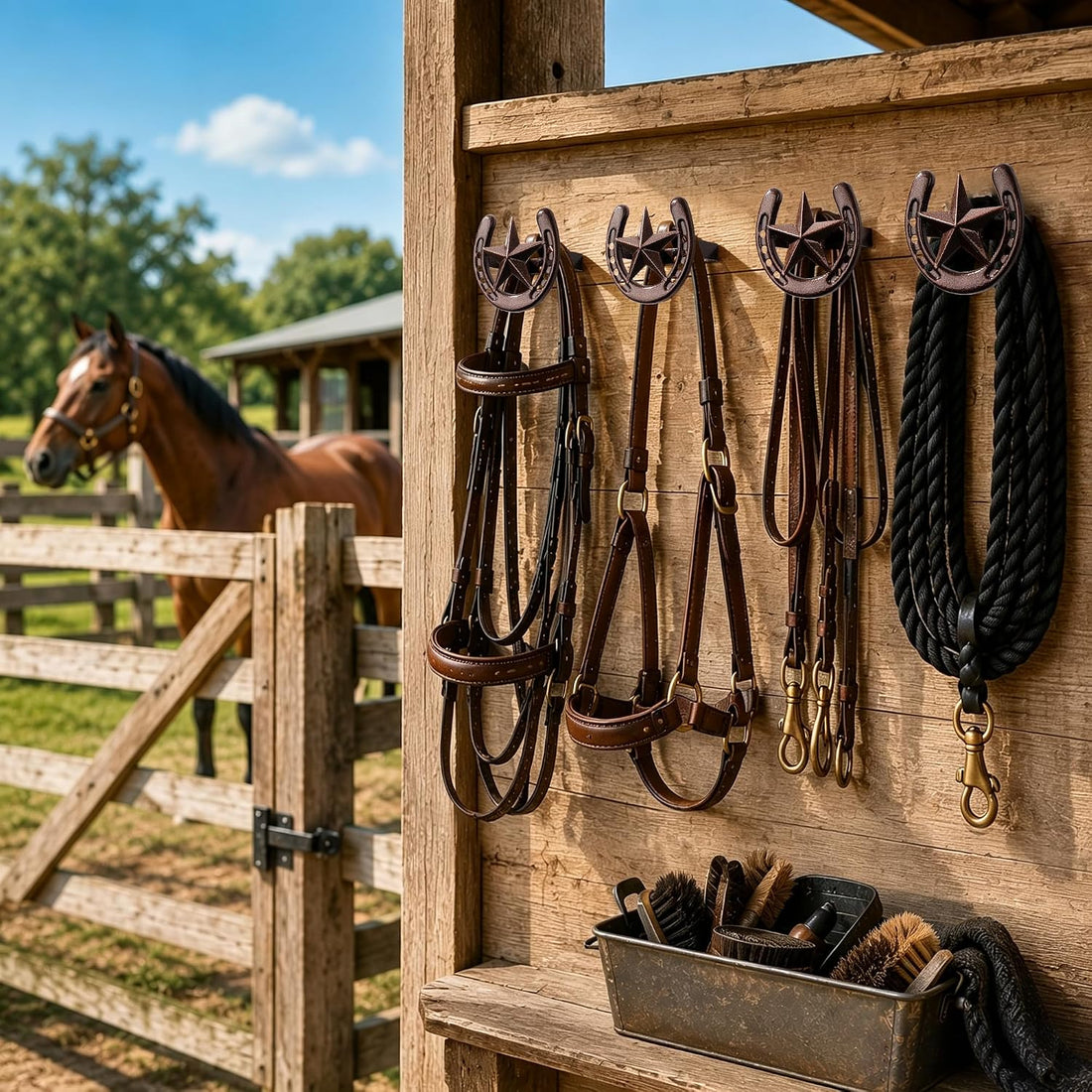 Horseshoe Bridle Hooks, 2 Pack Cast Iron Tack Hooks for Bridles