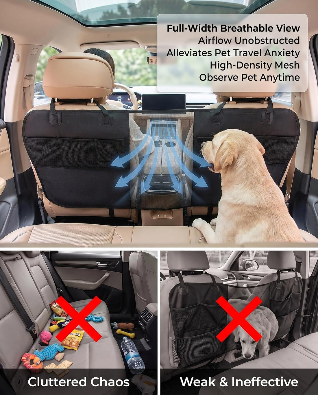 Dog Car Barrier, 600D Oxford Pet Divider Net with Storage Pockets