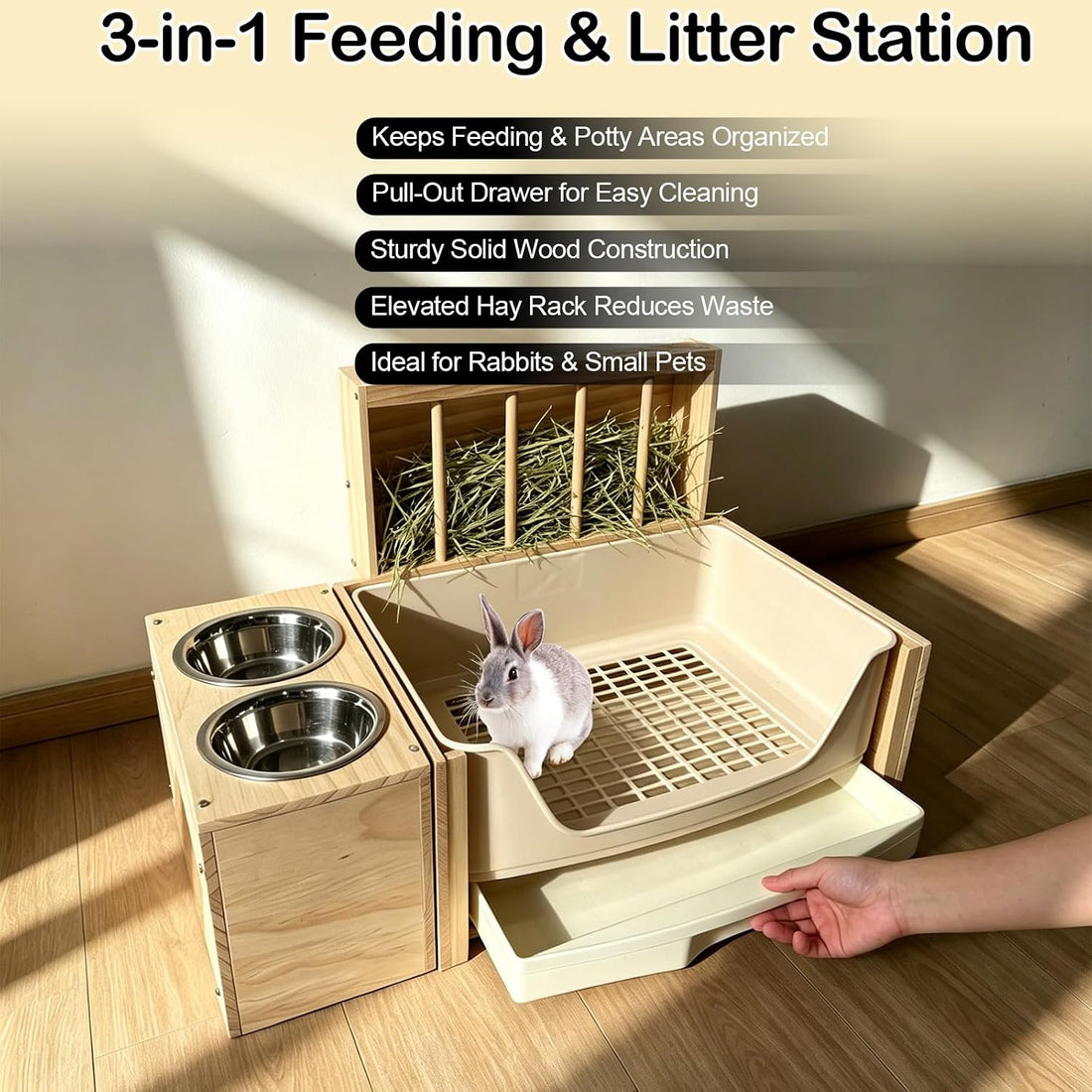 3-in-1 Large Rabbit Hay Feeder with Drawer Litter Box