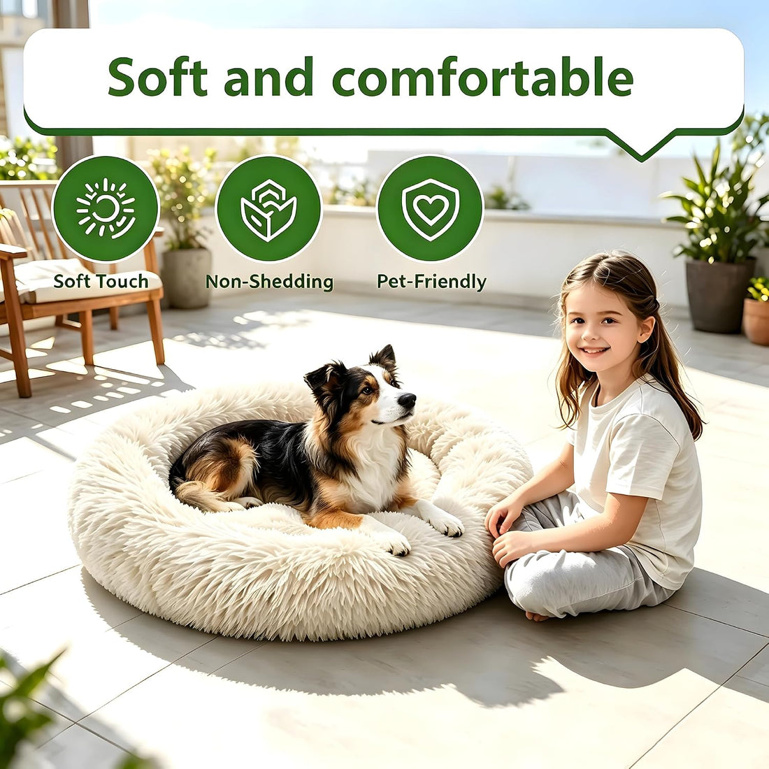 Round Donut Pet Bed 24in Soft Plush Calming Cushion with Non-Slip Base