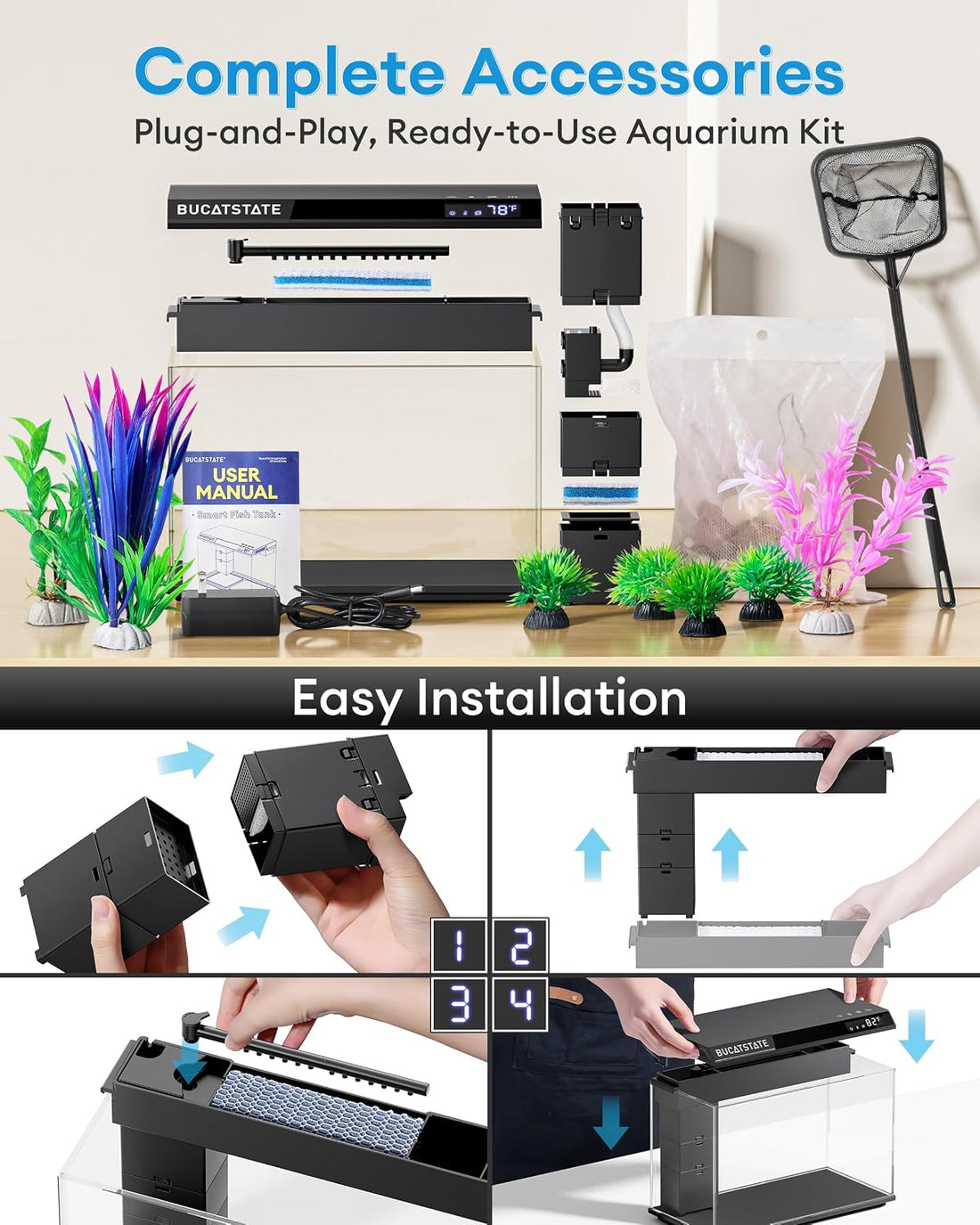 BUCATSTATE 2.6 Gallon Small Fish Tank, 3 Stage Filtration Aquarium
