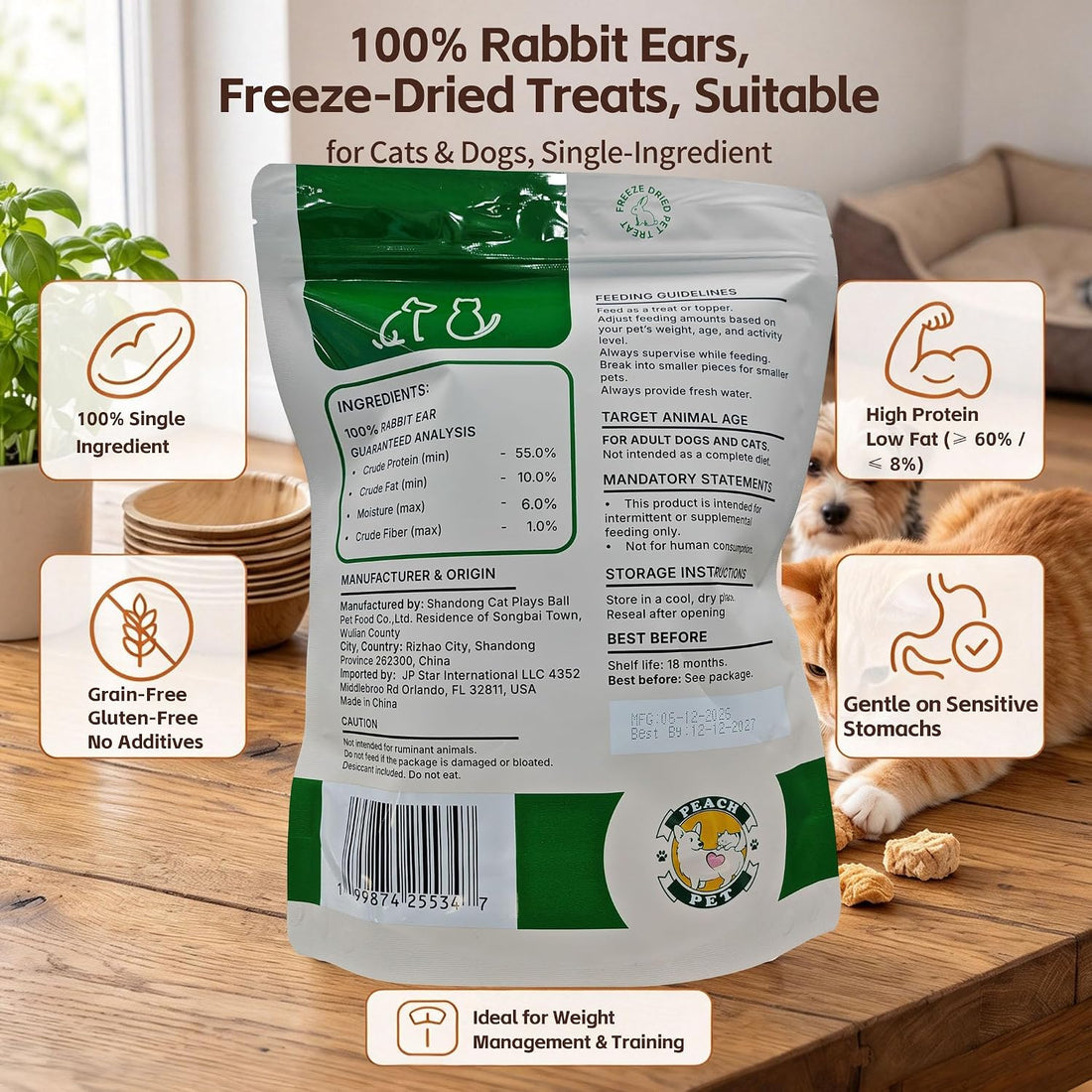 Freeze Dried Rabbit Ear, Single Ingredient Dog Chew, with Fur