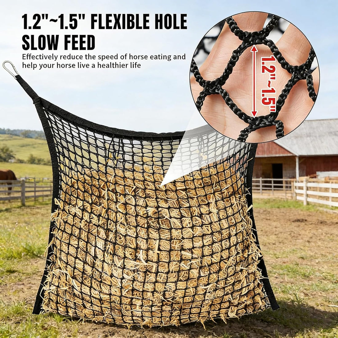 2PCS Slow Feed Hay Net for Horses, 1.5" Openings, Black, 35"x47"