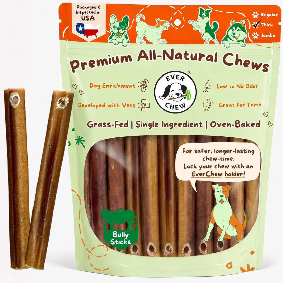 Low-Odor Bully Sticks for Dogs, 6" 100% Beef Refill Pack, Thick 10 Ct