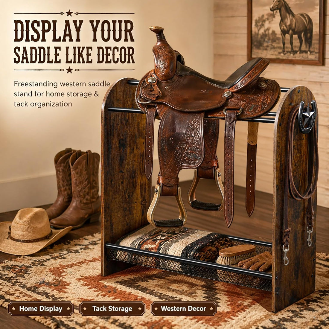Saddle Rack Stand, Freestanding Horse Saddle Holder with Mesh Shelf