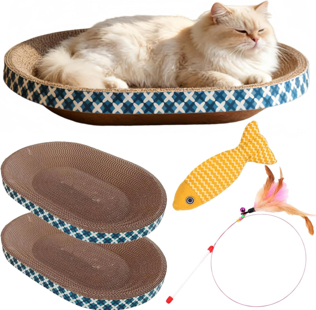 Cat Scratcher Bed with Toys, 2 Pack Oval Cat Scratcher Cardboard