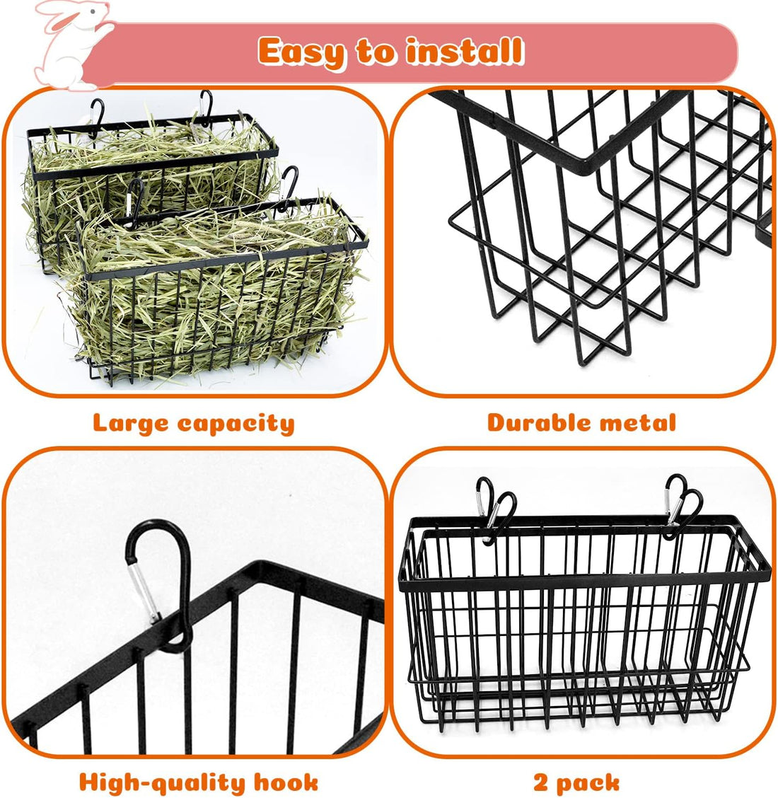 2PCS Rabbit Hay Feeder,Bunny Hay Feeder Rack with Metal Frame