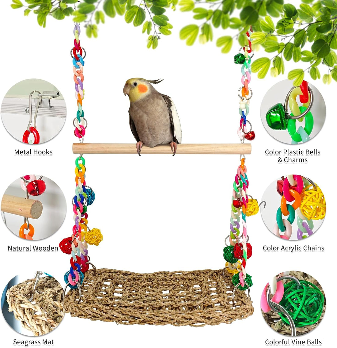 Natural Bird Swing Toys with Wood Perch,Double Layer Bird Seagrass