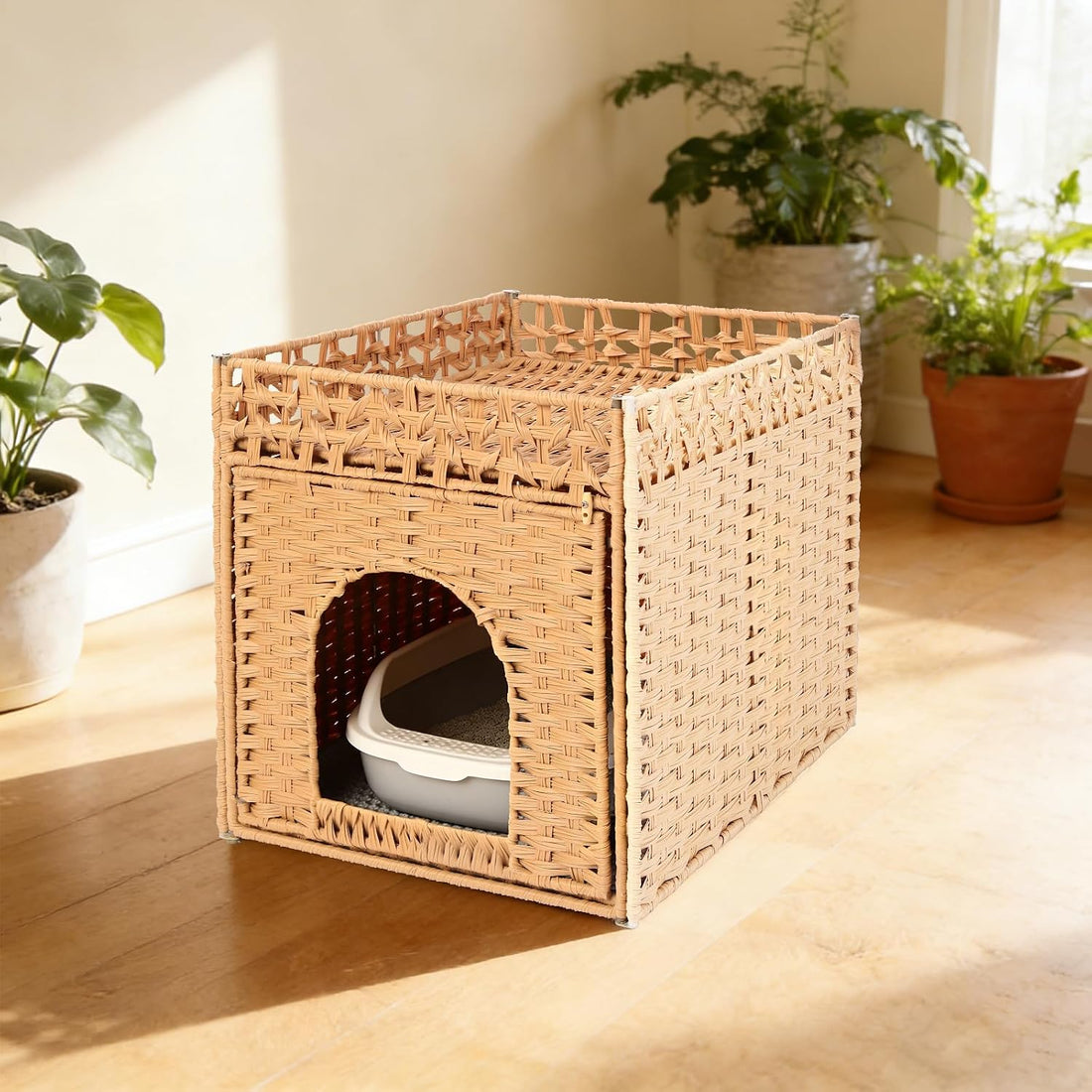 Hidden Cat Litter Box Enclosure Furniture, Dog Proof Indoor Cat House