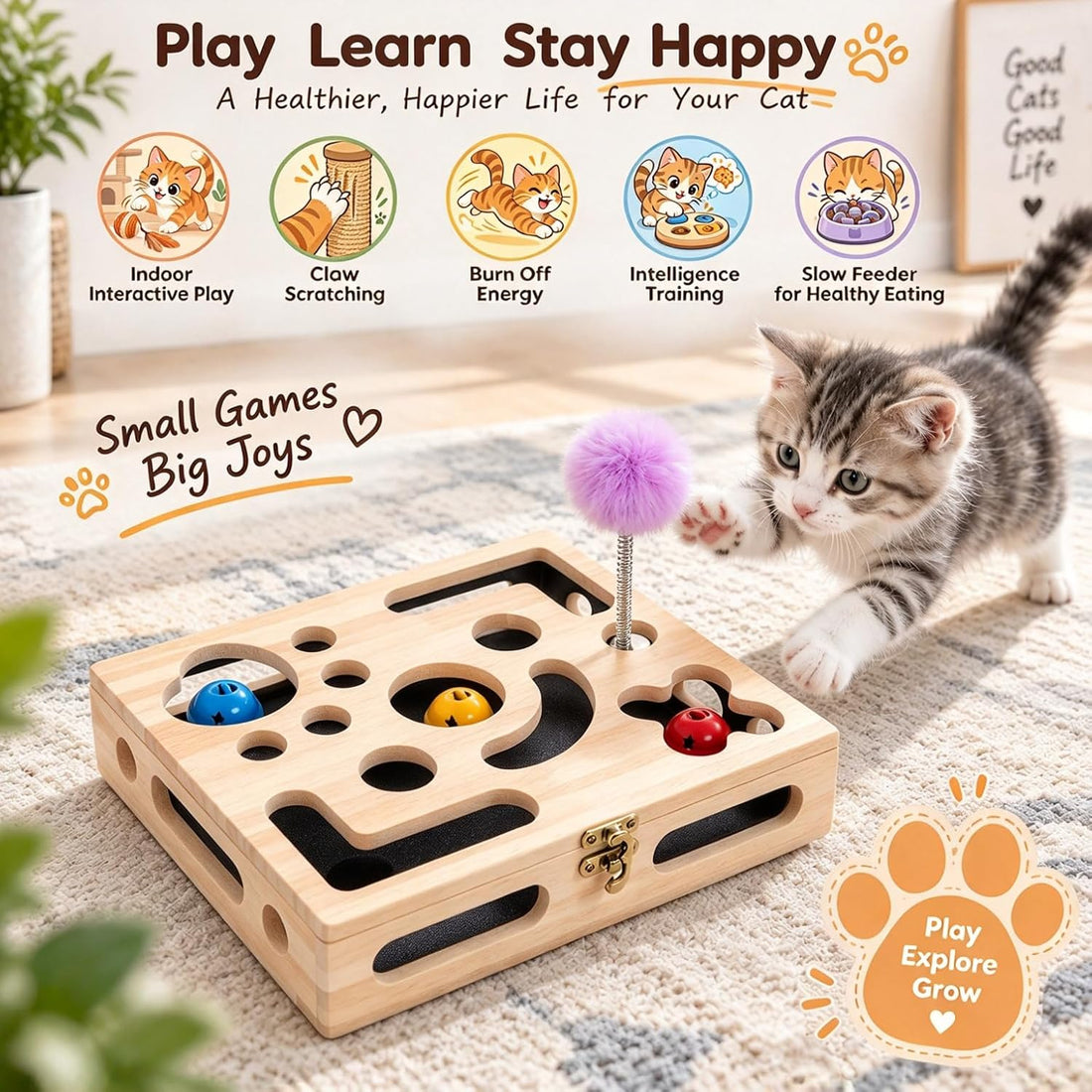 Cat Nail File Enrichment Box, Wood Puzzle Scratcher Toy with Sandpaper