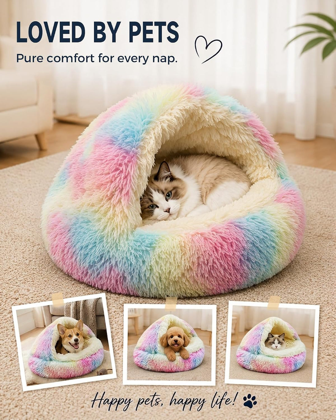 ShinHye Cat Bed Round Plush Fluffy Hooded Cave, 23×23inch